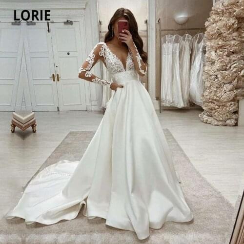 LORIE Vintage Wedding Dresses V Neck Appliques Lace Long Sleeves White Satin A-Line Boho Bride Gown 2021 vestidos de novia