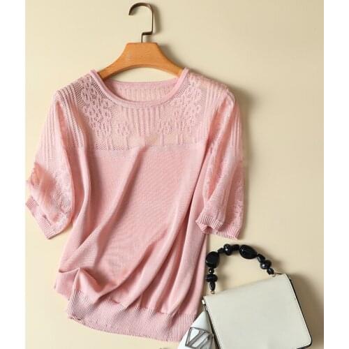 Silk Hollow Out Knitted Women T-Shirts 2020 Summer New O-Neck Short Sleeved Solid Loose All Match Office Lady Elegant Pulls Tops