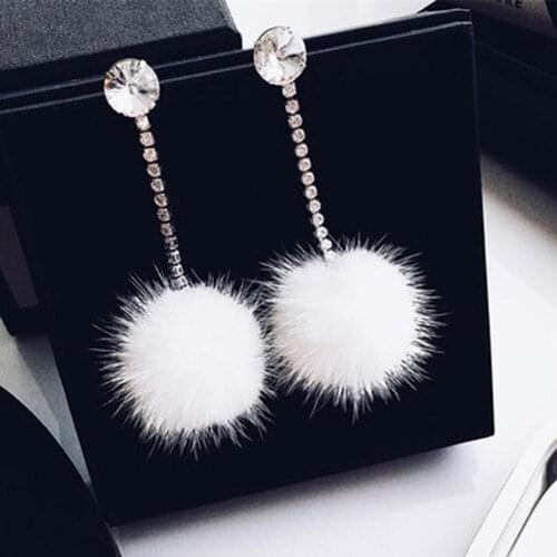 Rhinestones White Fur Ball Long Earrings For Women New Winter Fashion Jewelry Earrings Cute Gift