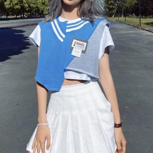 Designer Asymmetrical Tank Tops Women Vest Top Sleeveless 2021 Summer Preppy Style Outerwear Crop Top and T-shirt 2 Piece Set