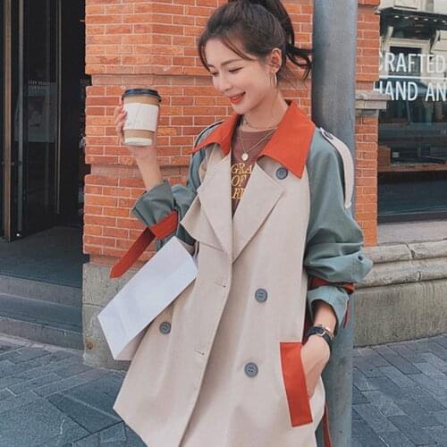 Spring Autumn Korean Loose Stitching Windbreaker British style Women Long Overcoat Fashion Womens Trench coat Womens clothing