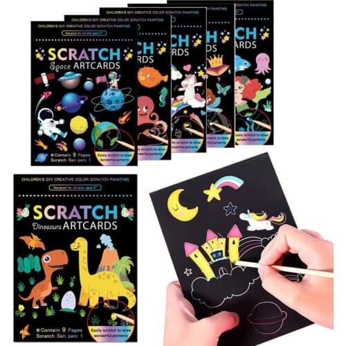 Magic Rainbow Color Scratch Art Painting Paper Card Kit Cartoon Dinosaur Drawing Board Kids DIY Educational Toys Montessori Toys
