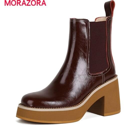 MORAZORA Plus Size 34-41 Cow Leather Chelsea Boots Women Thick High Heels Autumn Winter Shoes Ankle Boots Female Platform Botas