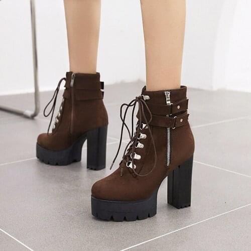 Oversized Flock Metal Round Hole Ankle Boots Super High Thick Heel Platform Buckle Lace-Up Zipper Street Warm Womens Short Boot