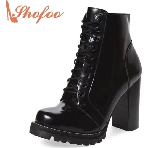 Shofoo Women Luxury Designer Shoes 2021 Black Leather Lace-Up High Square Heels Ankle Boots Non-slip Superstar Likes Shoes 33 47