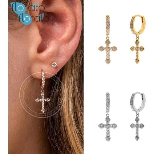925 Silver Ear Buckle Crystal Cross Pendant Drop Hoop Earrings for Women Simple Stylish CZ Earrings Korean Fashion Jewelry Gift