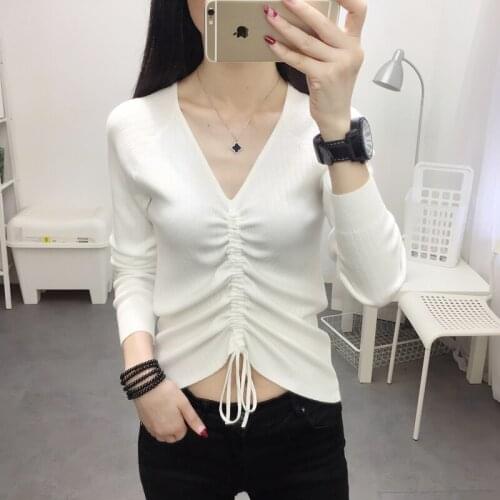 2021New sweater Spring and Autumn Sweater women V-neck drawstring slim knit bottom shirt long sleeve top