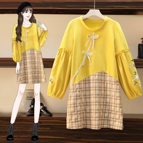 Women Plaid Splicing Bow Loose Sweatshirt Dress Autumn Vintage Embroidery Long Sleeve Chinese Style Dresses Female Clothes