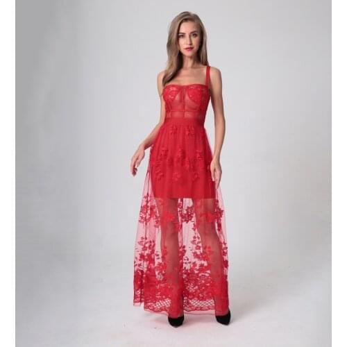 Red Lace Strap Women Perspective Floral 2019 New Arrivals Bodycon Ankle-Length Party Wedding Long Bandage Dress