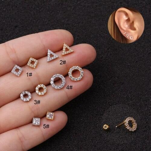 Gold White Triangle Round Geometric Steel Barbell CZ Tragus Diath Cartilage Helix Rook Piercing Earring