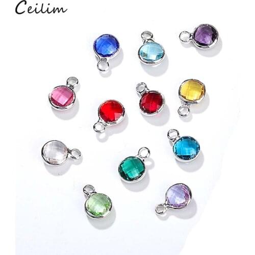 10pcs/lot Fashion Silver Plated Glass Crystal Birthstone Charms Mini Pendant for DIY Bracelet Necklace Making Jewelry Findings