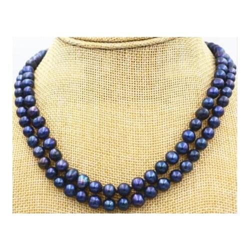 1029+++ NEW Beautiful 2 row 7-8mm Black akoya Tahiti Freshwater Pearl Necklace 17-18"