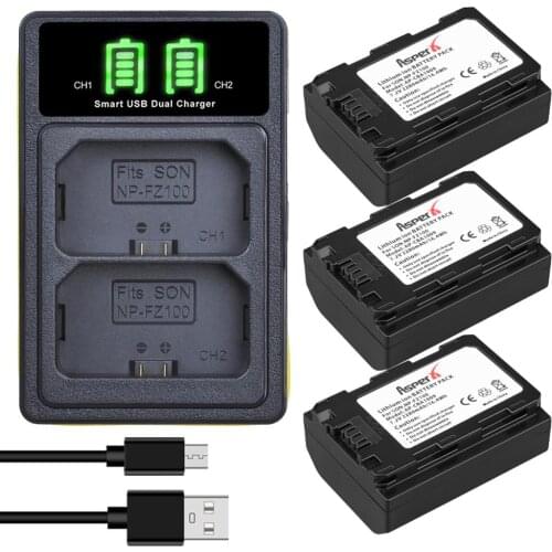 3Pcs 2280mAh NP-FZ100 NPFZ100 NP FZ100 Batteries + LED Dual USB Charger with Type C for Sony A9 A7RIII A7R3 ILCE-7RM3 A7RM3