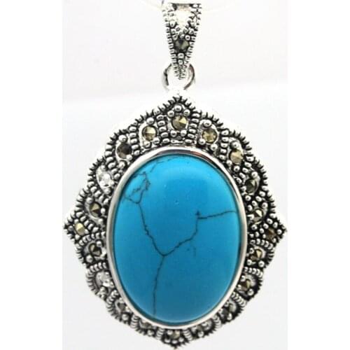 Free Shipping 925 STERLING SILVER MIRROR SHAPE OVAL BLUE Turquoise MARCASITE PENDANT 27*43mm