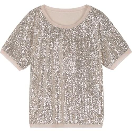 PERHAPS U Beige Sequined Short Sleeve O Neck Back Split Casual T-shirt Women Female Summer New B0477