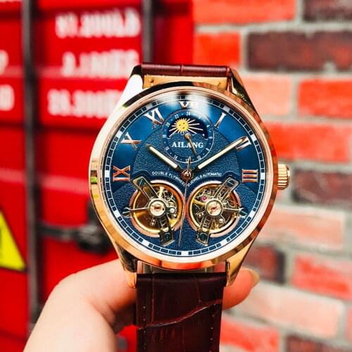 AILANG Top Brand Men Watch Fully Automatic Mechanical Double Tourbillon Luxury Watch Blue Frosted Dial Luminous Waterproof 8822