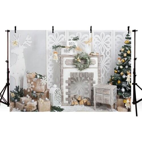 Mehofond Christmas Tree Backdrop White Wall Wood Gift Fireplace Decorations Photography Backgrounds for Photo Studio Photocall