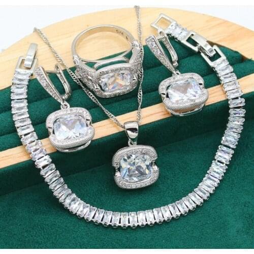 Exquisite 925 Silver Jewelry Set For Women White Crystal Earrings Necklace Pendant Ring Wedding Bracelet Bride Christmas Gift
