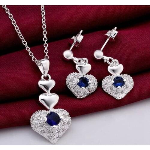 Blue crystal heart 925 sterling Silver pendant necklace earrings Jewelry sets for Woman classic fashion party wedding fine gift