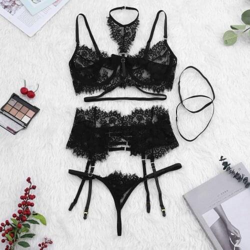 Sexy Lingerie Womens Underwear Set Leg Ring Neck Ring Lace Lingerie Bra Thong Garter Underwear Hollow Out Bra And Party Set