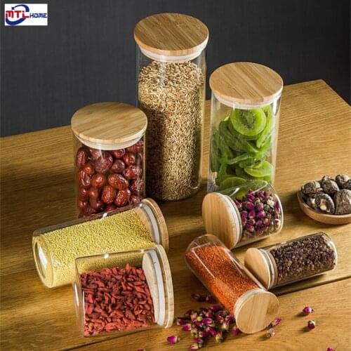 Food Coffee Bean Container Bamboo Covered Food Sealed Glass Tank Kitchen Miscellaneous Grain Storage Boxes