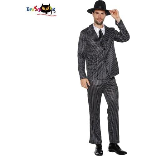 Eraspooky Men Black Stripe Suits Jacket Pants Retro Movie 1920s Gangster Cosplay Halloween Costume For Adult Party Fancy Dress