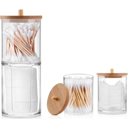 Makeup Cotton Pad Organizer Storage Box For Cotton Swabs Rod Cosmetics Jewelry Bathroom Qtip Container with Bamboo Lid