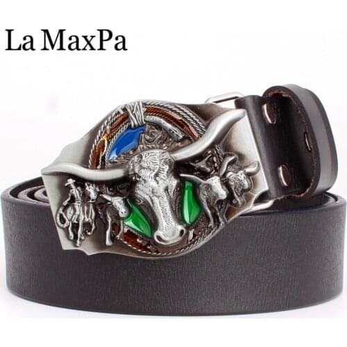 Fashion women & men leather belt cowboy style cowskin genuine leather western cowboy belt cow bull head pattern