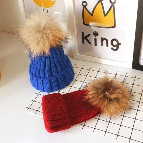 Autumn winter Korean version hat childrens wool knitted hat parent-child warm cap Mommy and me baby raccoon real fur hat HT1952