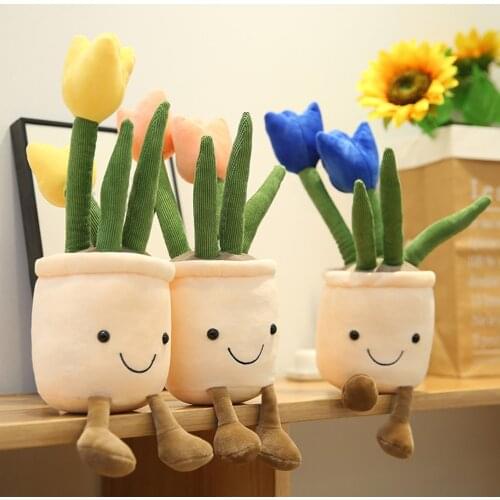 Plush Toys Lifelike Tulip Plants Plush Stuffed Toys Soft Bookshelf Decor Doll Creative Potted Flowers Pillow for Girls Kids