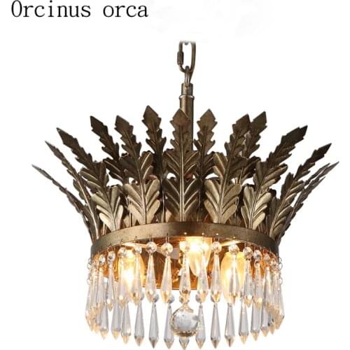 American retro gold crystal chandelier living room corridor restaurant Scandinavian rural iron art LED crown Chandelier