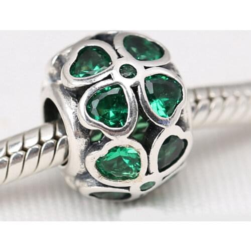 S925 Silver Bead Charm Green Lucky Clover Petal With Crystal Bead fit Lady Bracelet Bangle DIY Jewelry