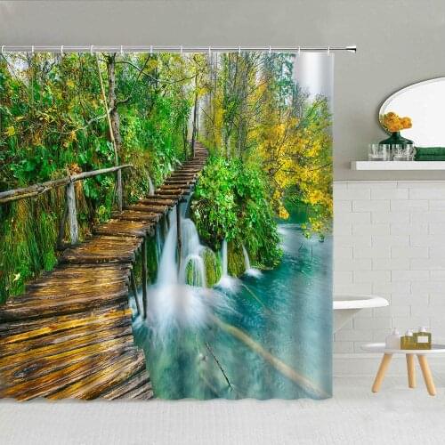 Natural Scenery Forest Shower Curtains Wooden Bridge River Flower Polyester Fabric Bathroom Supplies With Hooks Cloth Curtains