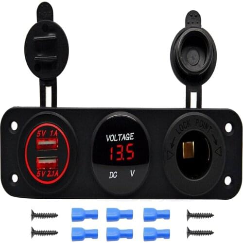 Waterproof 12V/24V Car Cigarette Lighter Socket + Dual USB Charger + Voltmeter with 6 Pcs Insulated Terminals ＆ 4 Pcs Screws