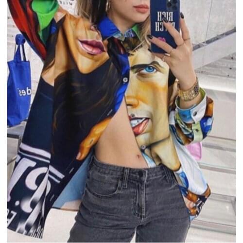 2021 Early Autumn 8.24 Womens New Long-sleeve Lapel Single-breasted Graffiti 4D Print Shirt Top Female Personality Fashion