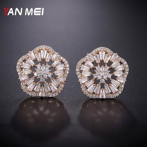 YANMEI Cublic Zircon Flower Stud Earrings For Women Crystal Hollow Earring Fashion Jewelry YME9000