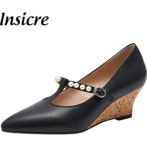 Insicre Cow Leather Wedges Women Pumps Pointed Toe Beaded Buckle Black 2021 Summer Thick High Heel Shoes Mary Janes