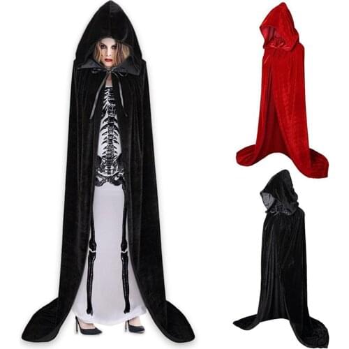 Halloween Cape Solid Hooded Death Witches Long Front Open Cloak Velvet Lace-up Robe Adult Role Play Costumes