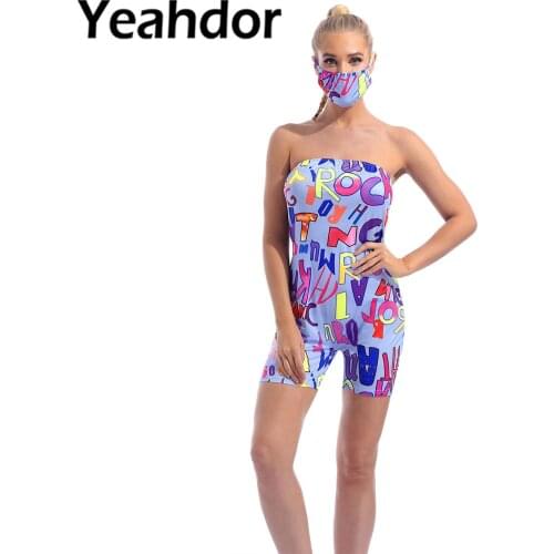 2021 Women Summer Outfit Jumpsuit One Word Collar Sleeveless Letters Print Tube Shorts Bodysuit Ladies Sexy Clubwear Streetwear