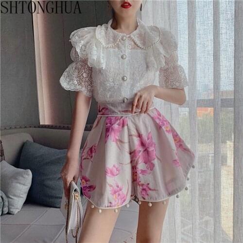 2 Piece Set 2020 Summer Women Pearl Button Sweet Lace Shirt + Hair Ball Pendant Printing wide-legged Short pants Women Set