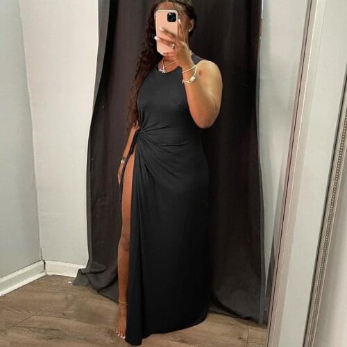Women Dress Straps Sleeveless O Neck High Slit Pleated Maxi Casual Fashion Sexy Dress 2021 Summer