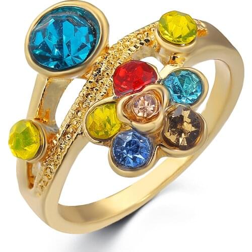 Womens Gold-plated Ring Colorful Zircon Small Flower Ring Fashion Multi-layer Jewelry Wedding Party Exaggeration Accessories