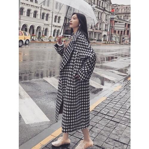 Houndstooth Woolen Coat Long Blazer Mid-Length Womens 2021 Spring Autumn Thick Woolen Coat Contrast Color Woolen Windbreaker