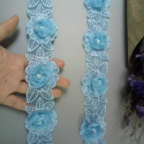 2 Yard Soluble Blue Rose Flower Pearl Chiffon Embroidered Lace Trim Ribbon Fabric Handmade Vintage Wedding Dress Sewing Craft 5c