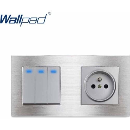 3 Gang 2 Way With LED Indicator EU Socket French Standard Wallpad Grey Aluminum Alloy Panel 86*172mm Wall Power Outlet