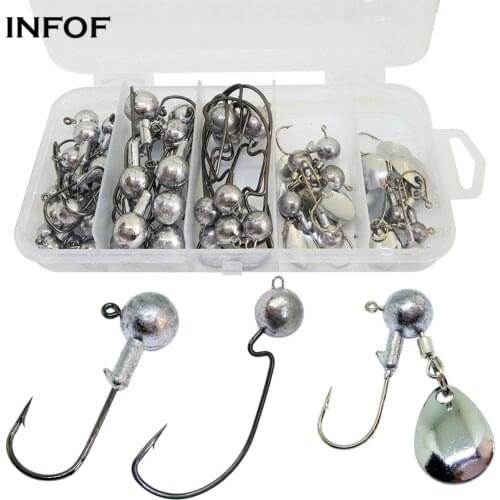 INFOF 45-pieces Jig Head Fishing Hook Kit Jighead Unpainted 1.5g-10g Lead Jigging Hooks Fishhooks Worm Hook for Carp Fishing