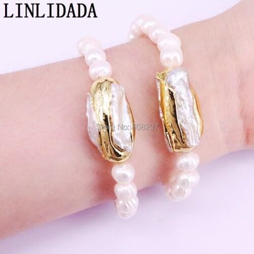 5Pcs Jewelry Handmade Natural Pearl Beads Bracelet Gold Color Freshwater Pearls Connectors Bracelets