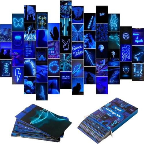 50Pcs Blue Neon Aesthetic Pictures Wall Collage Kits Neon Blue Photo Collection Collage Room Decorations for Girl Teens & Women