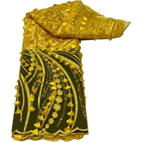 African Lace Fabric Yellow High Quality Nigerian French 3d flower Lace Fabric With Sequins Sew Embroidered Applique For Party