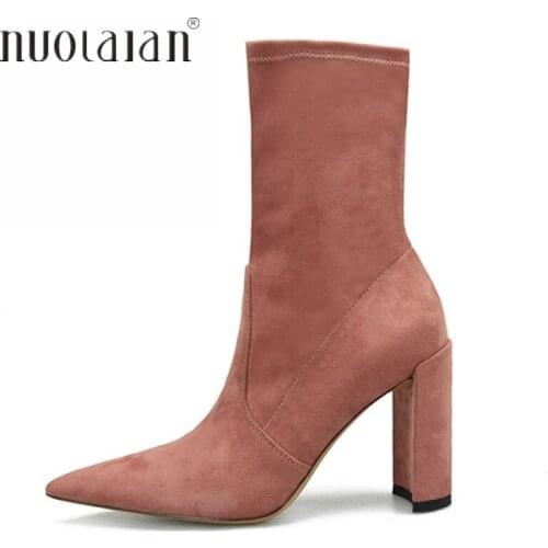 2018 Ankle Boots For Women Casual Womens Shoes Stretch Sock Boots Womens Boots High Heels Ladies Boots Winter Square Heel